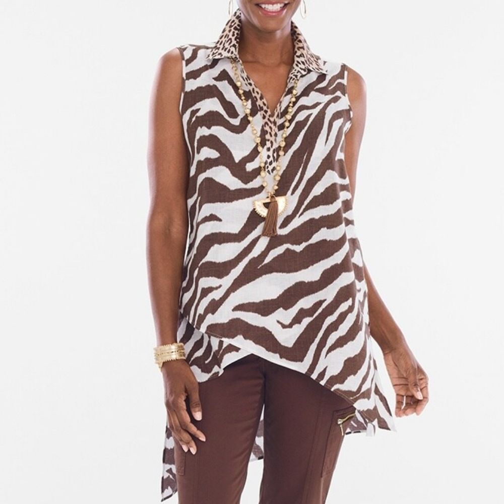 Chicos Linen Tunic XL {3} No Iron Brown Cream Animal Print Sleeveless
